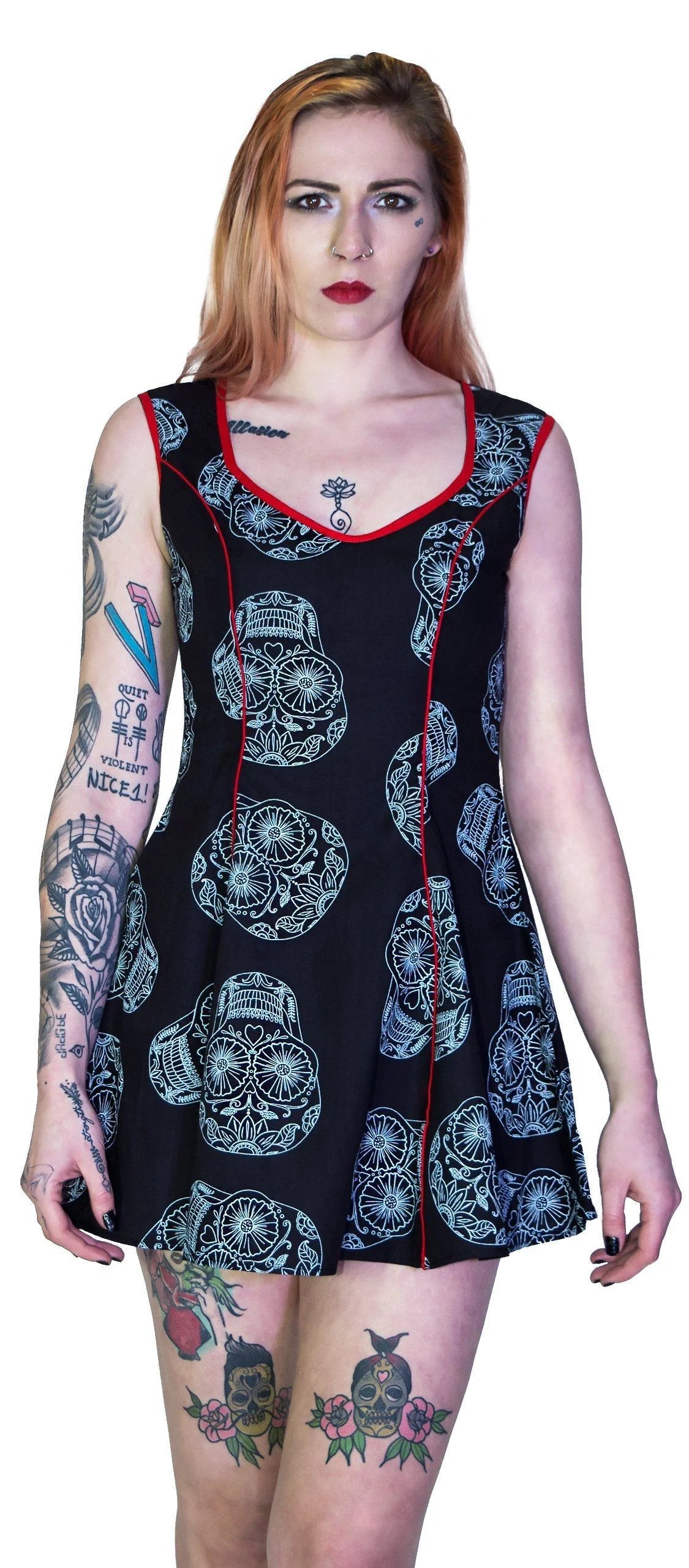 Grey Sugar Skulls Black Mini Dress - Calavera - Dr Faust