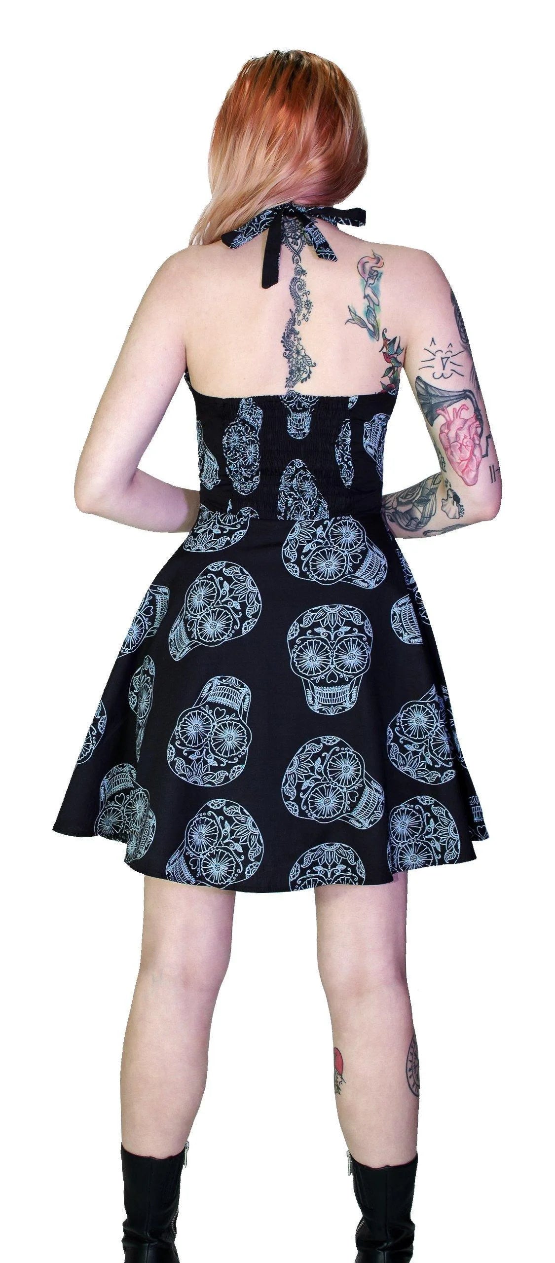 Grey Sugar Skulls Halterneck Black Mini Dress - Medea - Dr Faust