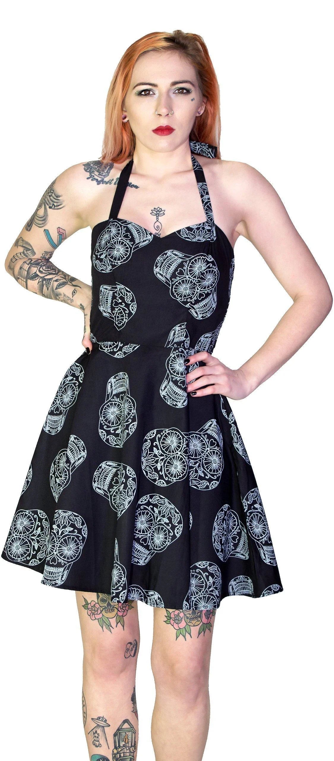 Grey Sugar Skulls Halterneck Black Mini Dress - Medea - Dr Faust