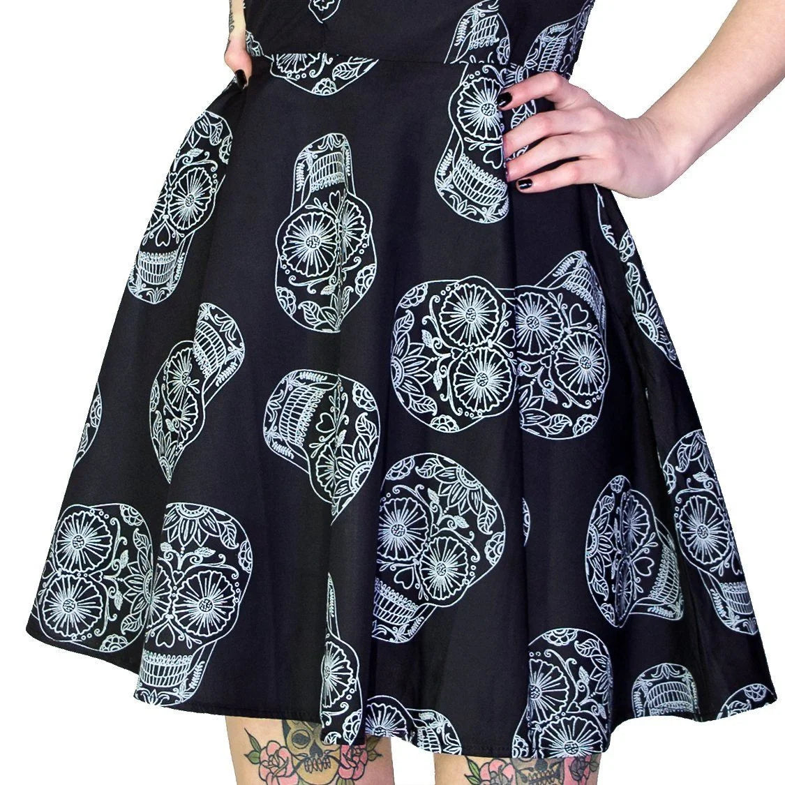 Grey Sugar Skulls Halterneck Black Mini Dress - Medea - Dr Faust