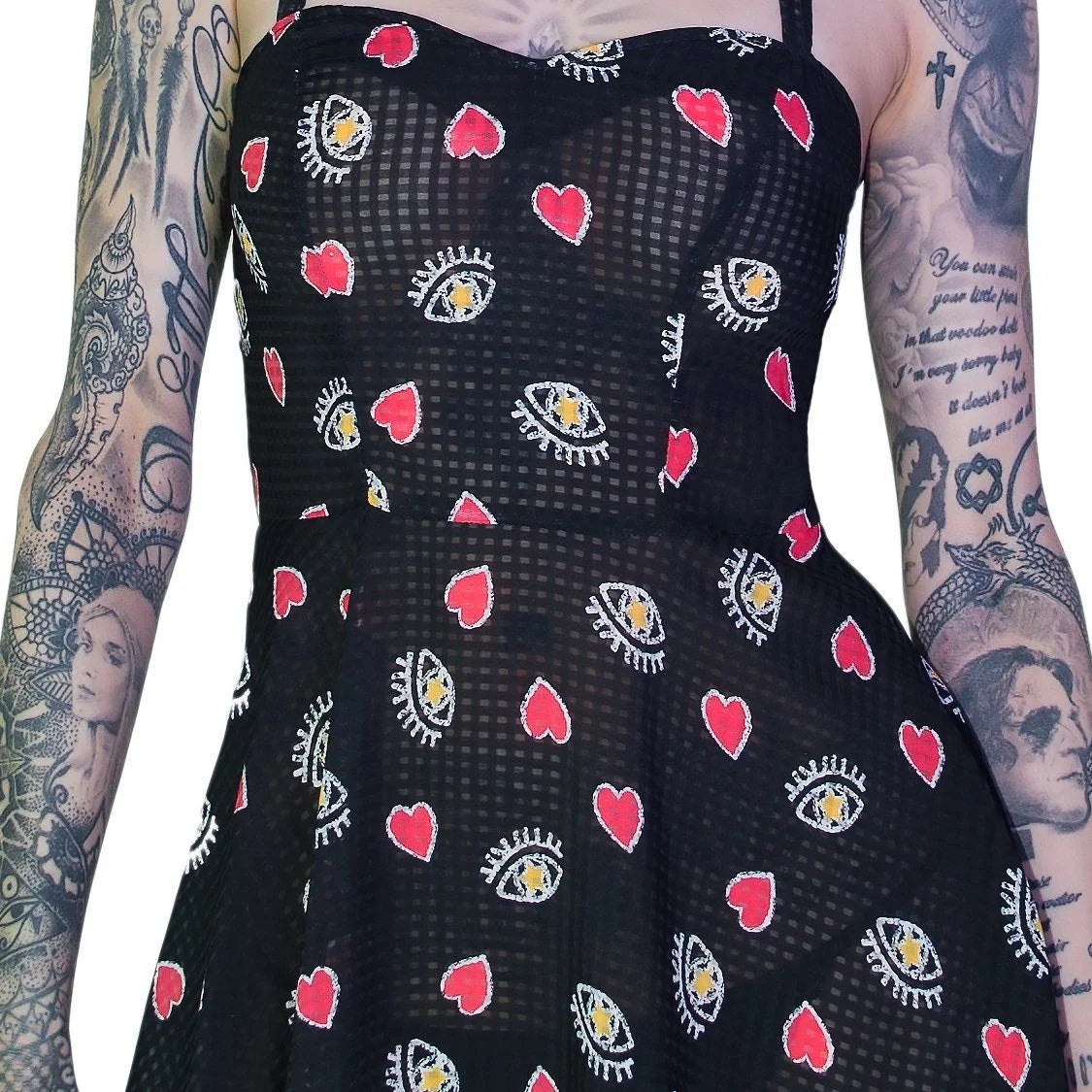 Hearts and Eyes Cute Black Sheer Mini Dress - Alexis - Dr Faust