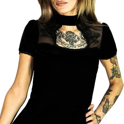 Keyhole Short Sleeve Black Velvet Mini Dress - Odette - Dr Faust