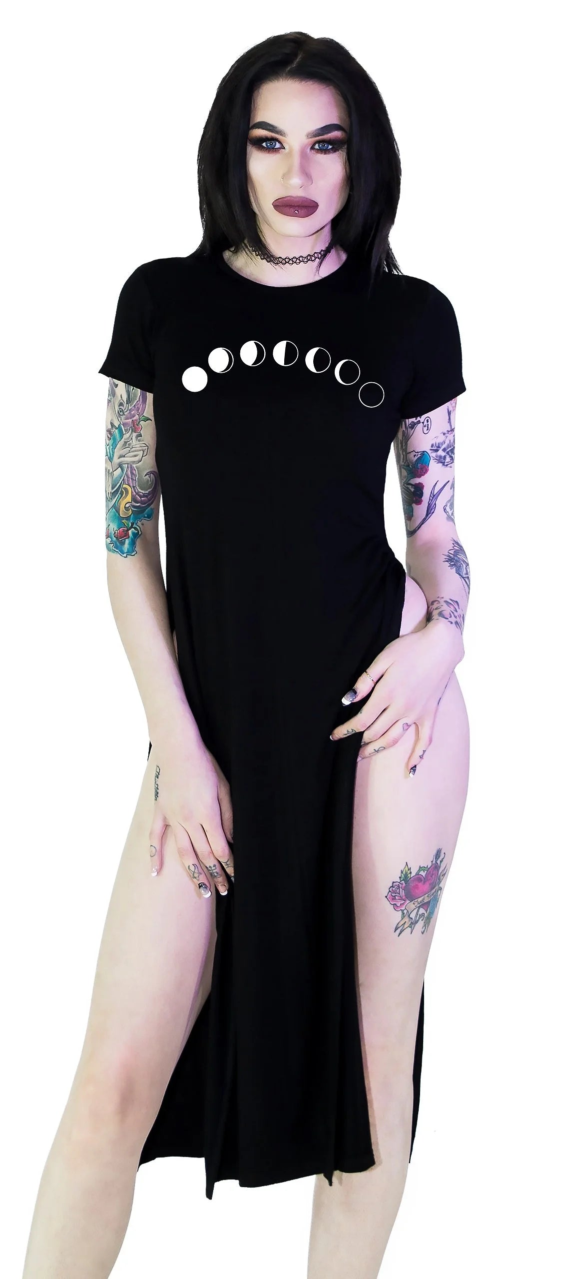 Lunar Phases Black High Split Maxi Dress - Gloria - Dr Faust