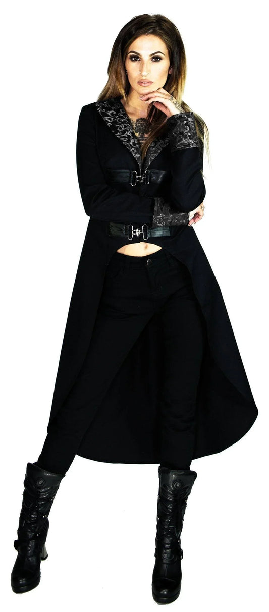 Brocade Silver Details Long Black Cotton Coat - Matilda - Dr Faust