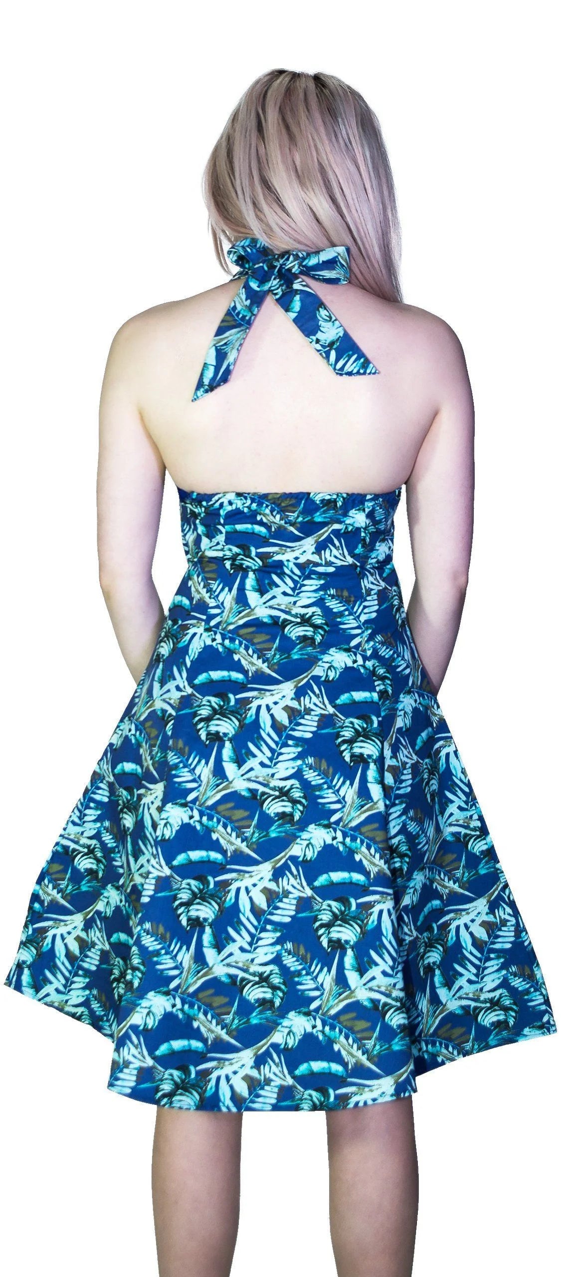 Metallic Blue Leaves Rockabilly Midi Dress - Bessie - Dr Faust