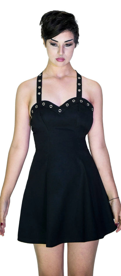 Metallic Eyelets Black Halterneck Mini Dress - Maisie - Dr Faust