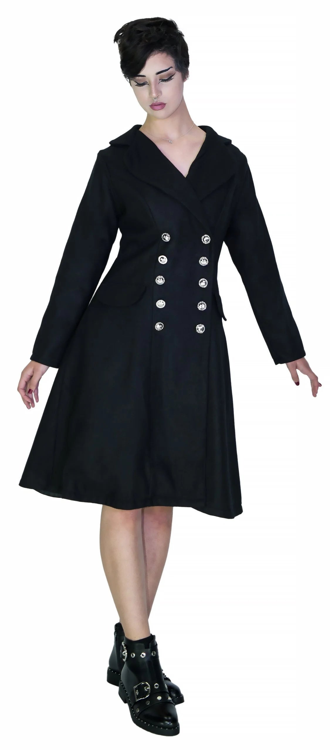 Military Silver Buttons Black Wool Coat - Krarmia - Dr Faust