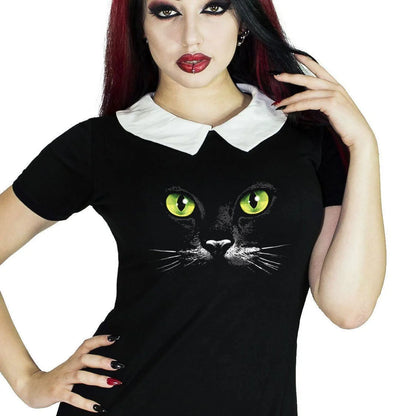 Mysterious Cat Face Black Mini Dress - Gwen - Dr Faust