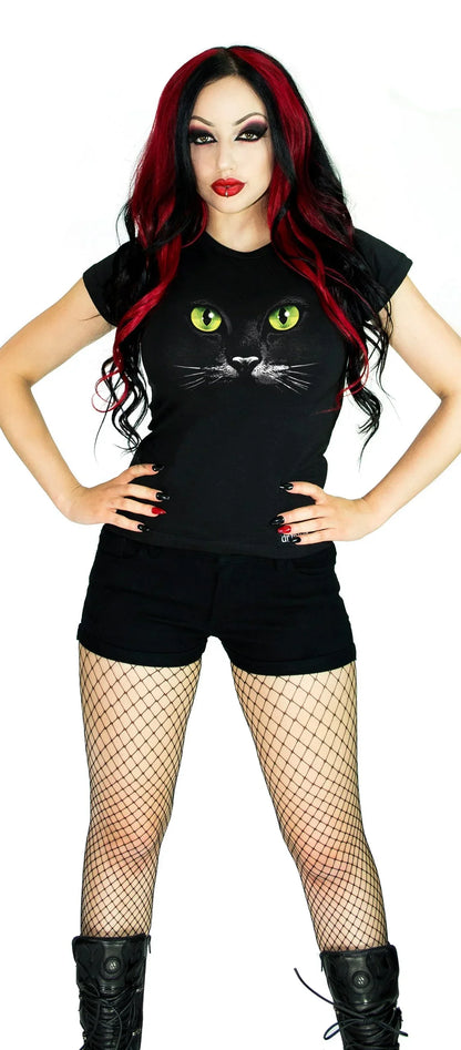 Mysterious Cat Green Eyes Black T-Shirt - Kaia - Dr Faust