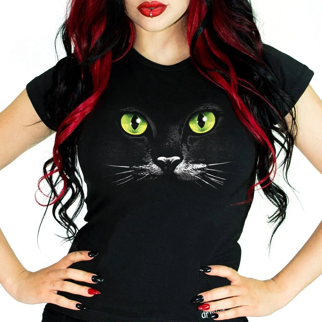 Mysterious Cat Green Eyes Black T-Shirt - Kaia - Dr Faust