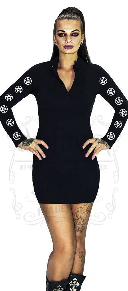 Pentagrams Long Sleeved Black Mini Dress - Clare - Dr Faust