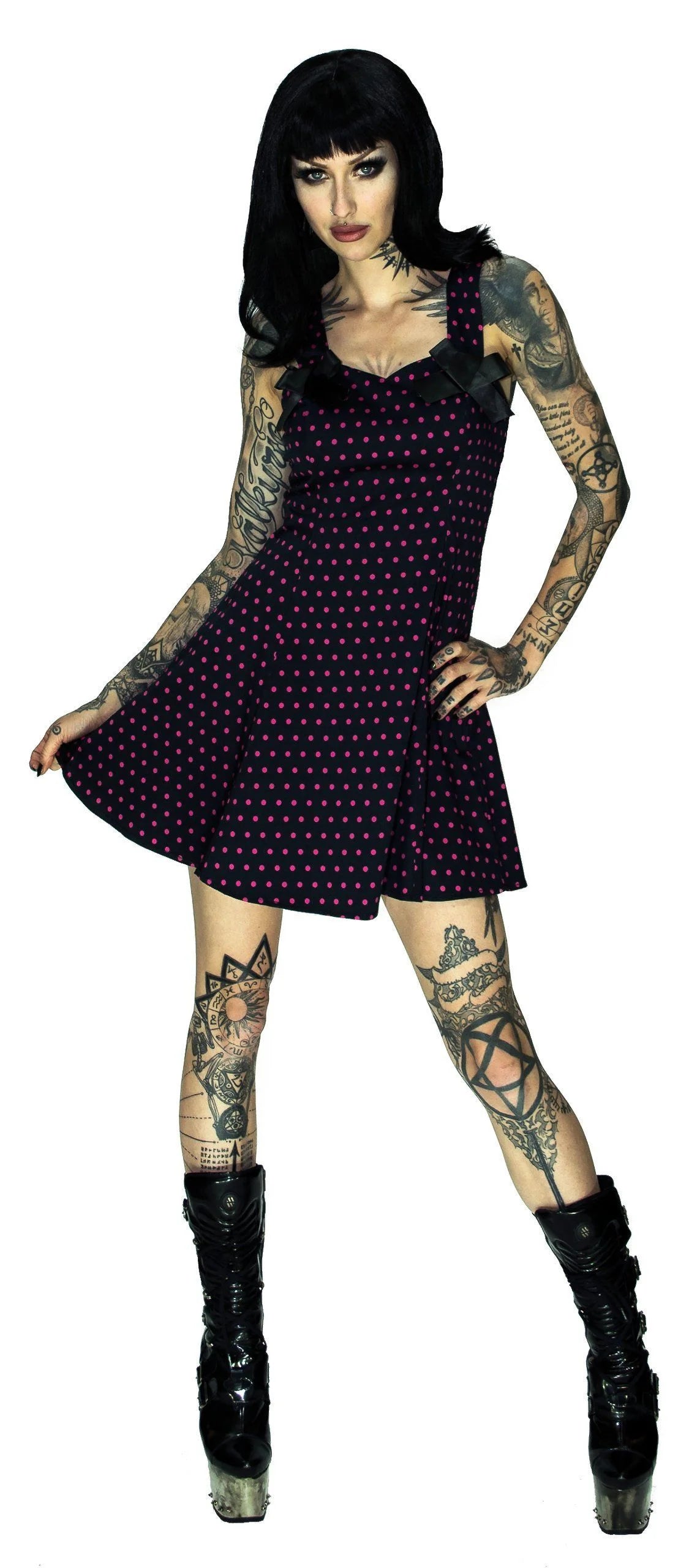 Pink Polka Dots Black Mini Dress - Kathy - Dr Faust