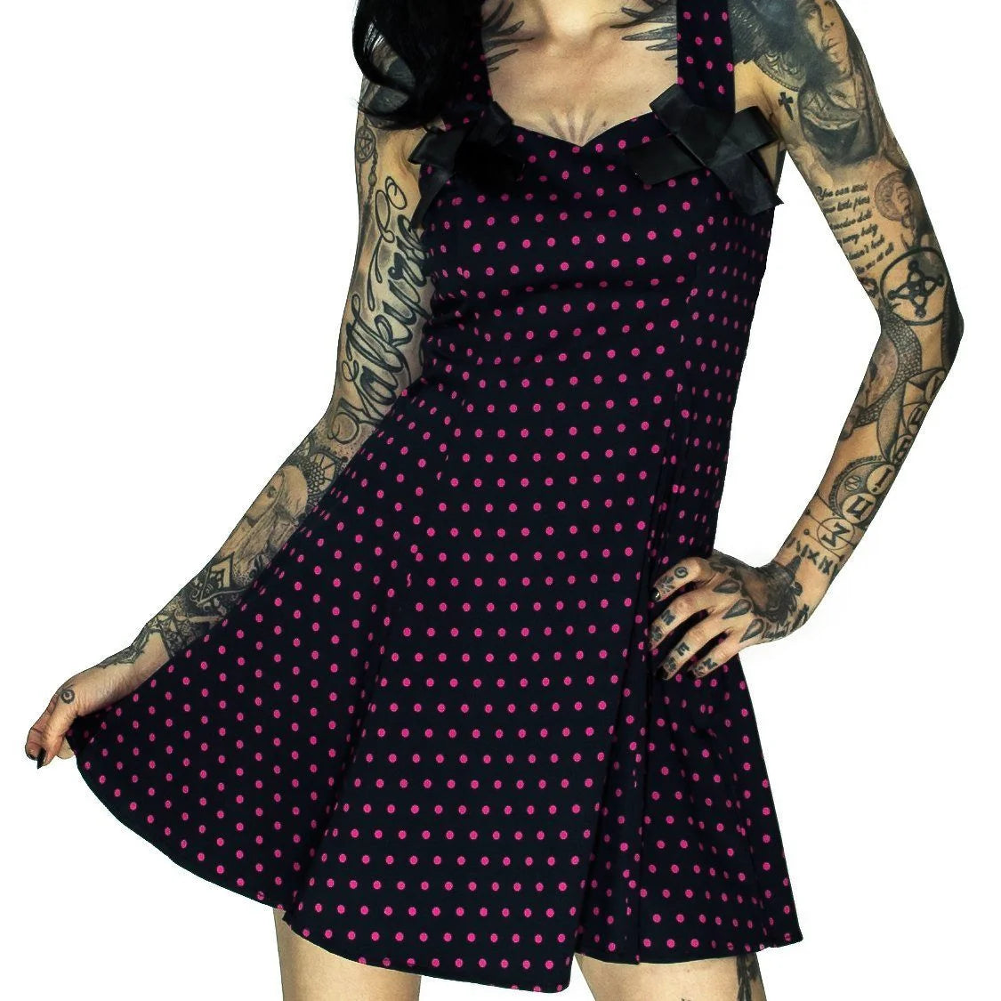 Pink Polka Dots Black Mini Dress - Kathy - Dr Faust