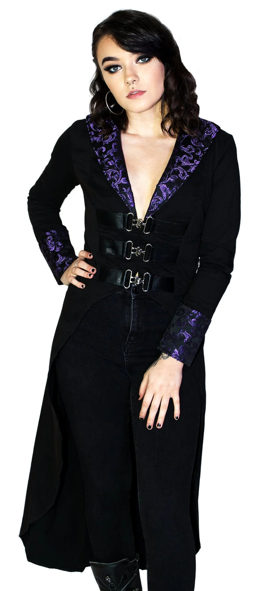 Purple Brocade Long Black Cotton Coat - Matilda - Dr Faust