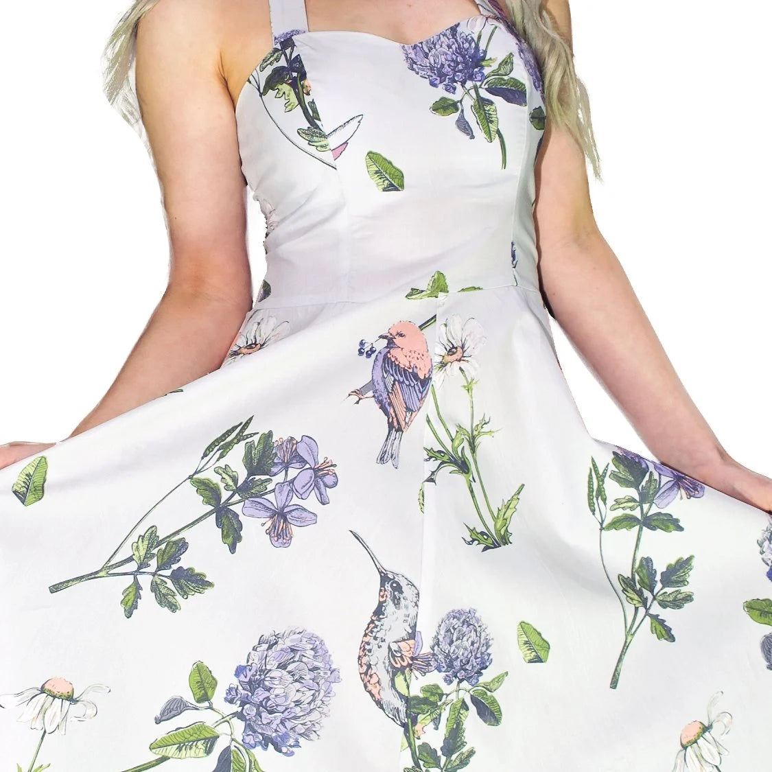 Purple Flowers and Exotic Birds White Midi Dress - Rhea - Dr Faust