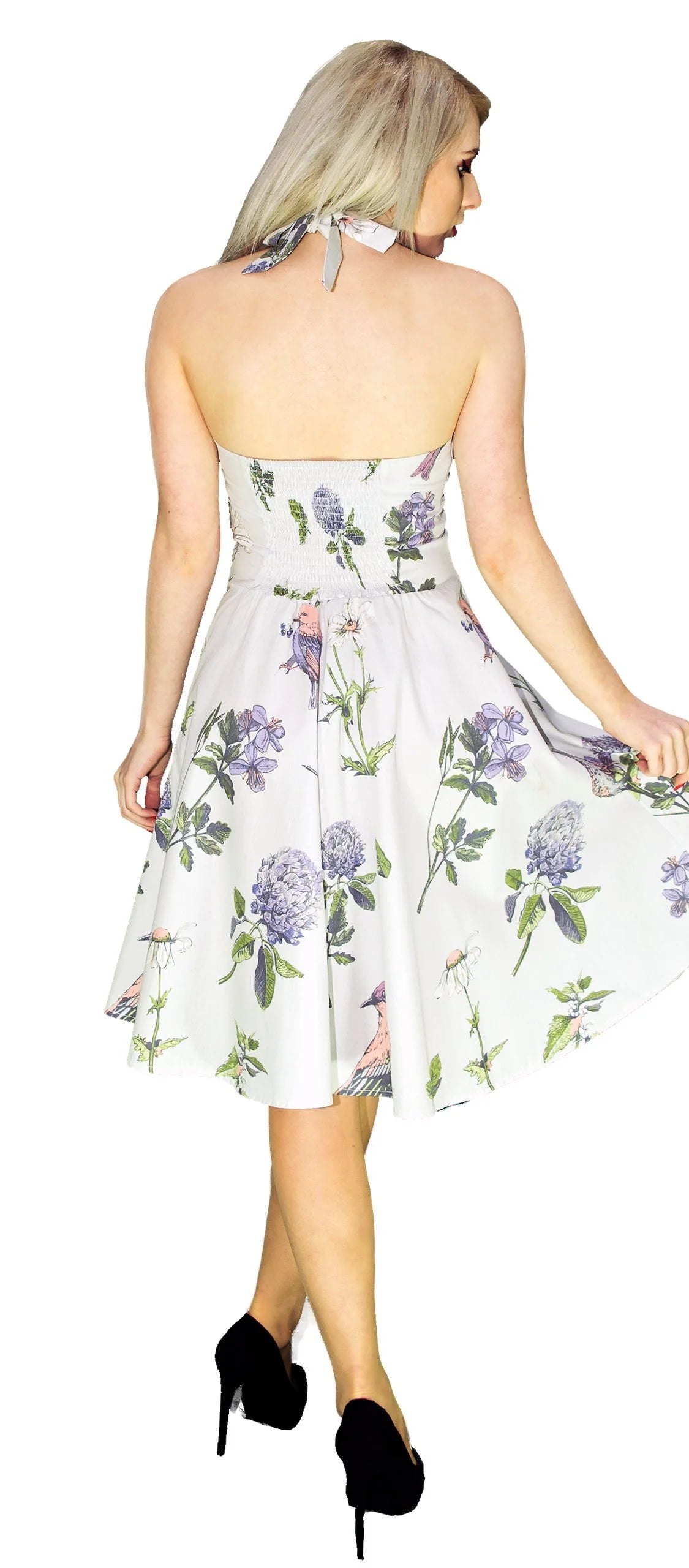 Purple Flowers and Exotic Birds White Midi Dress - Rhea - Dr Faust