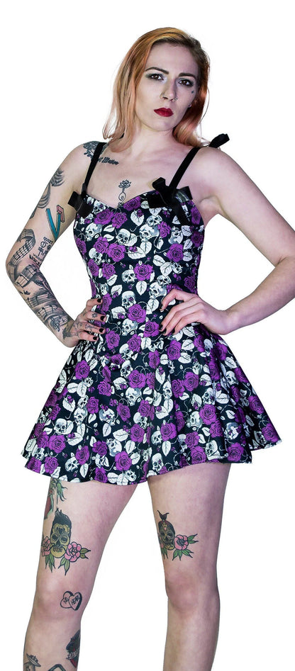 Purple Roses and Skulls Mini Dress - Rebellion - Dr Faust