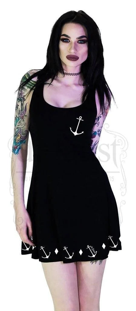 Seafarer White Anchors Black Mini Dress - Liv - Dr Faust