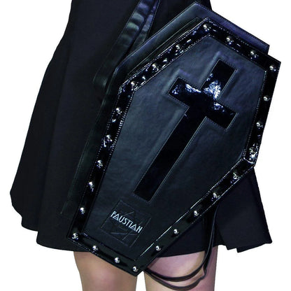 Shining Black Patent Cross Large Vegan Leather Coffin Bag - Iva - Dr Faust