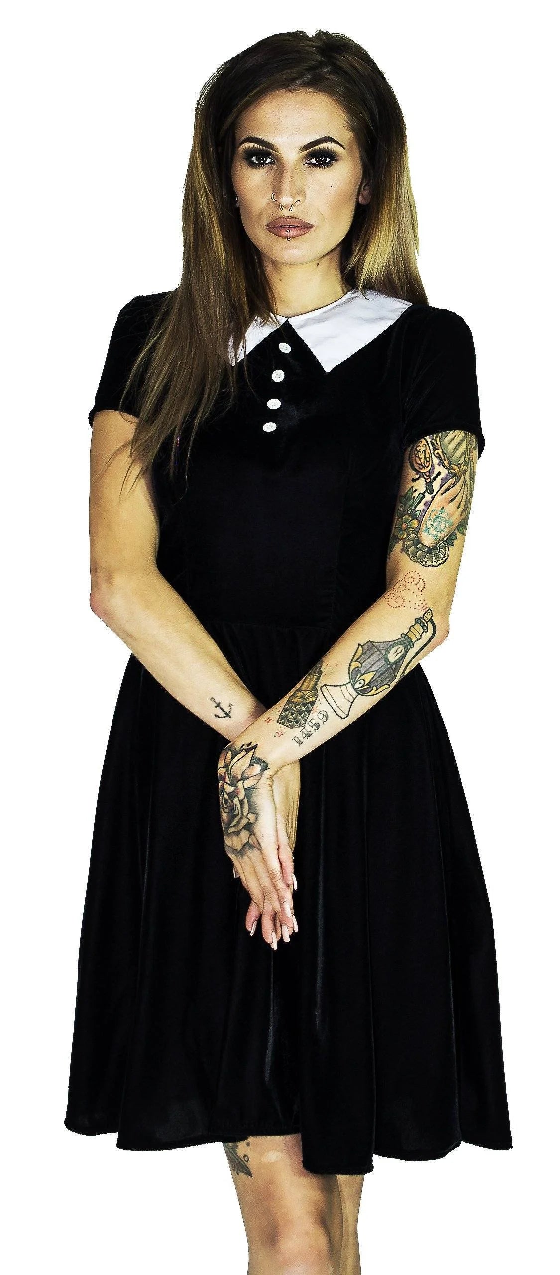 Short Sleeve Wednesday Addams Black Velvet Mini Dress - Kalinda - Dr Faust