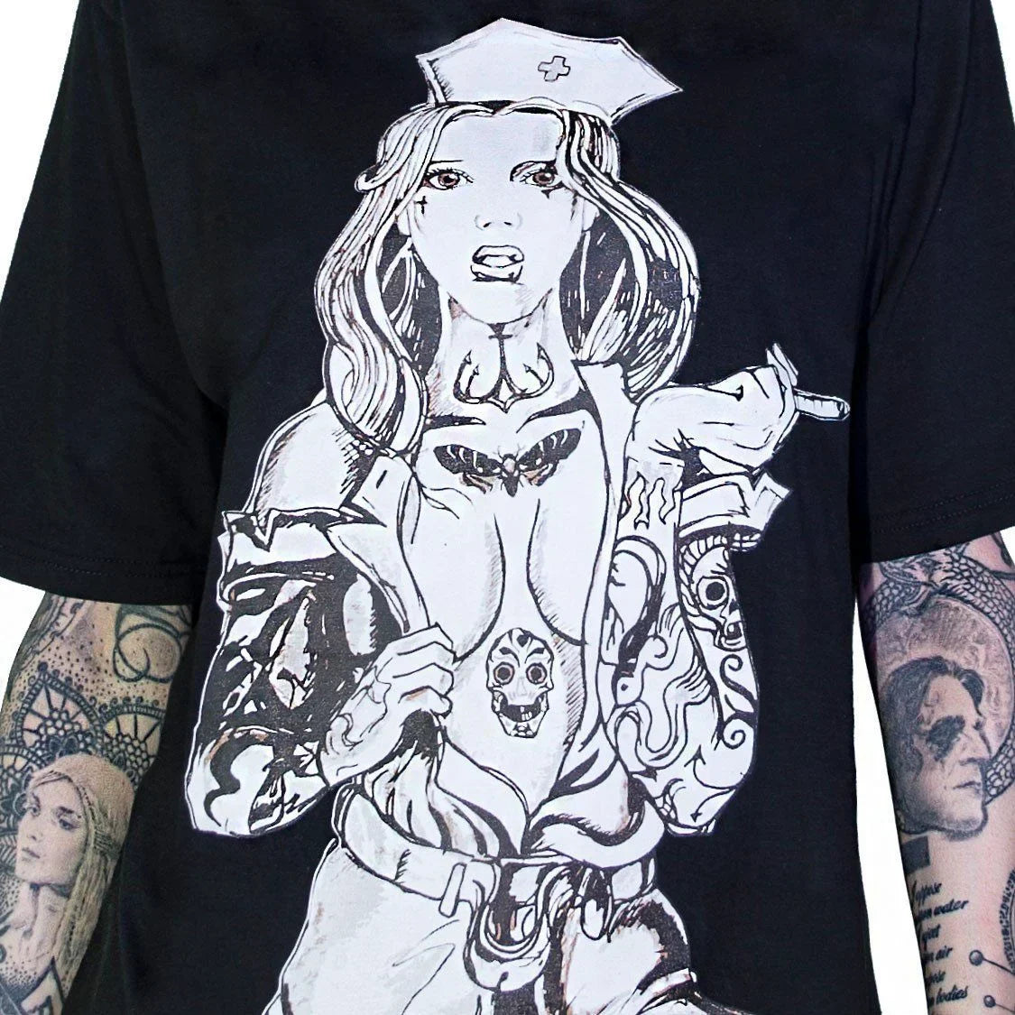 Tattooed Sexy Cursed Nurse Black T-Shirt - Tristan - Dr Faust