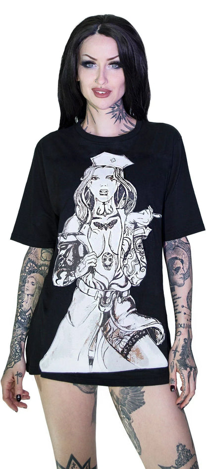 Tattooed Sexy Cursed Nurse Black T-Shirt - Tristan - Dr Faust