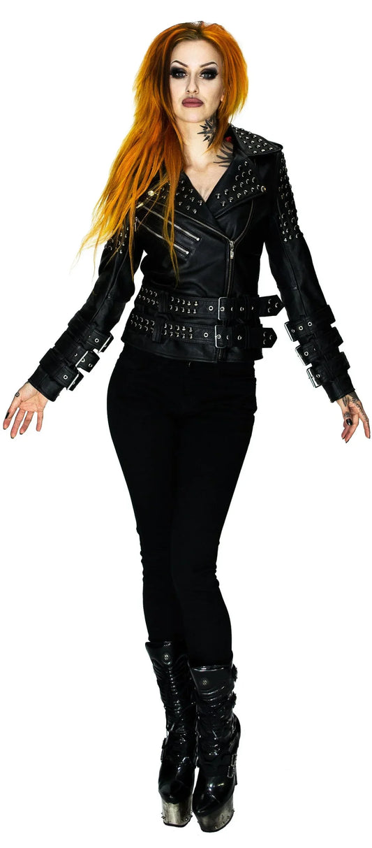 Black Metal Studs Leather Biker Jacket - Idun - Dr Faust