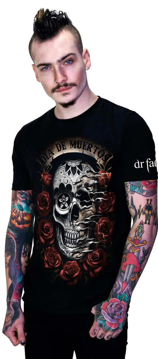 Dia De Muertos Roses Black T-Shirt - Lucca - Dr Faust