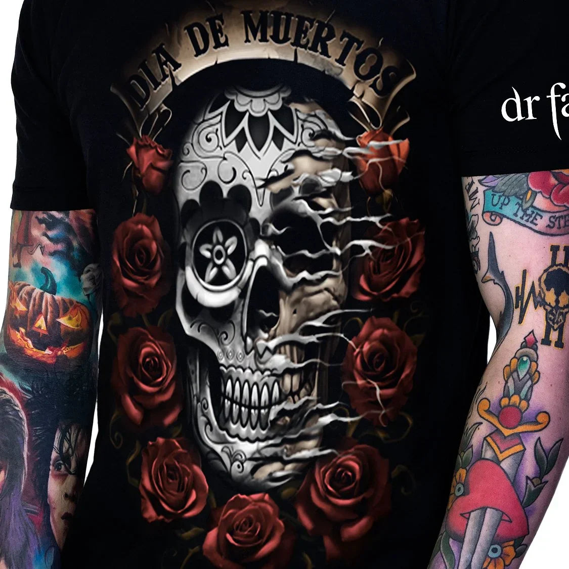 Dia De Muertos Roses Black T-Shirt - Lucca - Dr Faust