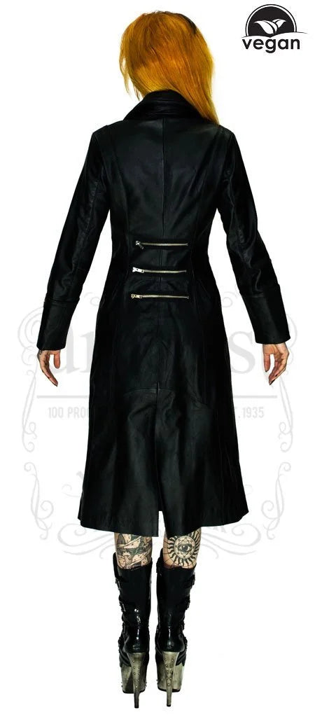 Vegan Leather Alternative Long Black Coat - Bellona - Dr Faust