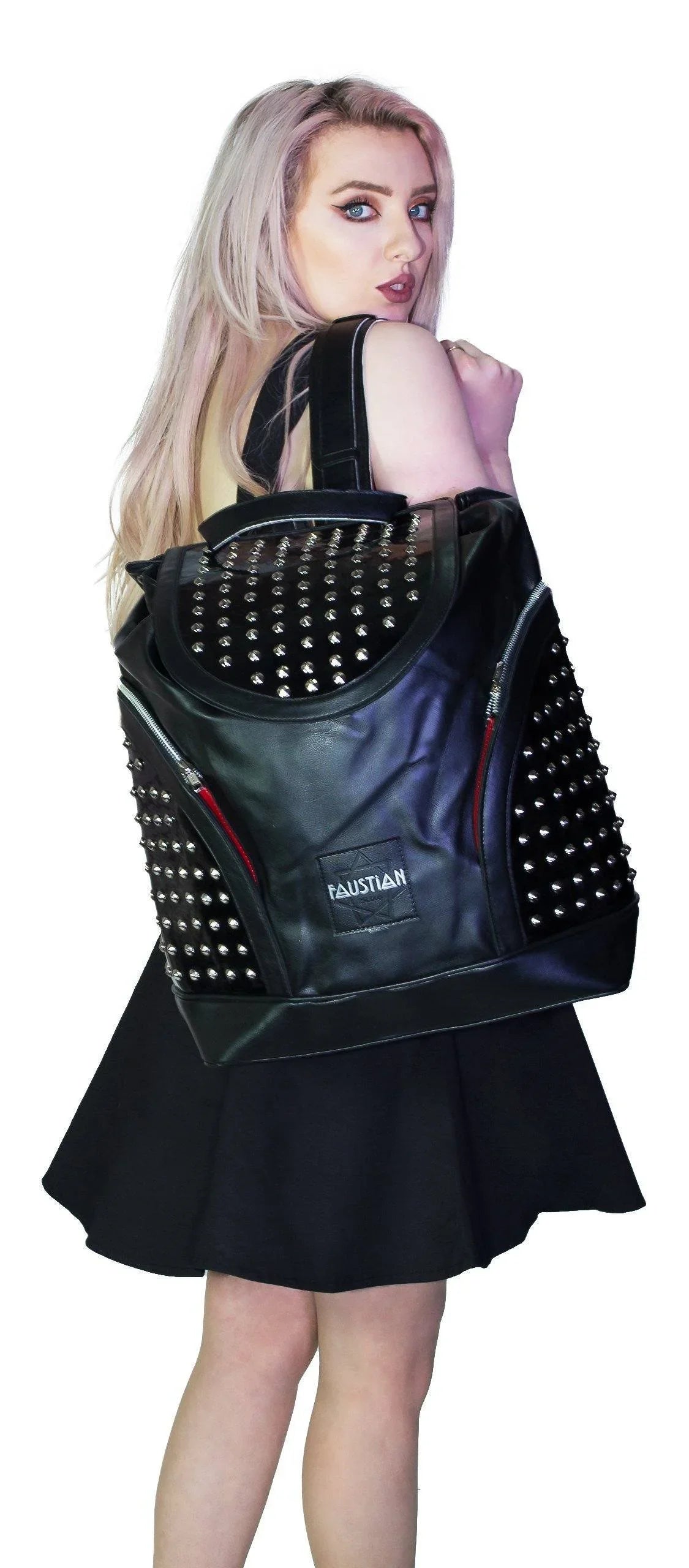 Silver Round Studs Black Vegan Leather Backpack - Fenella - Dr Faust