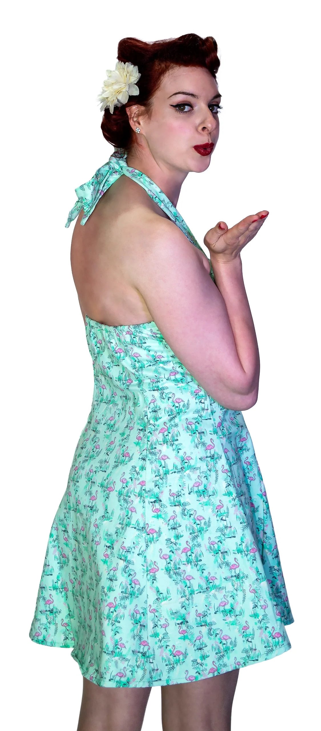 Vintage Petite Pink Flamingo Light Blue Mini Dress - Liana Dr Faust Vintage Petite Pink Flamingo Light Blue Mini Dress - Liana Dr Faust