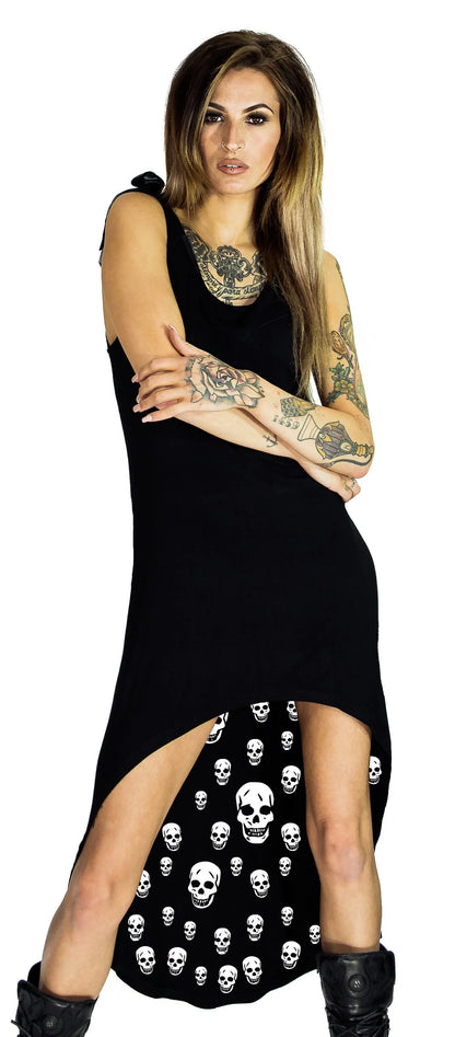 White Inner Skulls Nu Goth Black High-Low Dress - Raven - Dr Faust