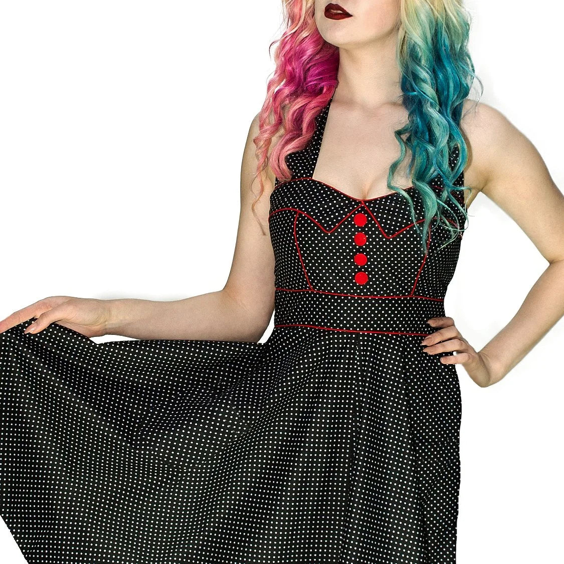 White Polka Dot Space Black Rockabilly Midi Dress - Sophie - Dr Faust