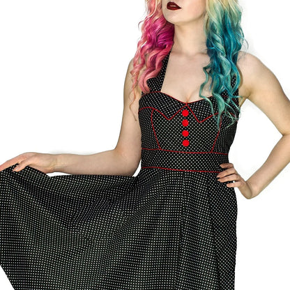 White Polka Dot Space Black Rockabilly Midi Dress - Sophie - Dr Faust