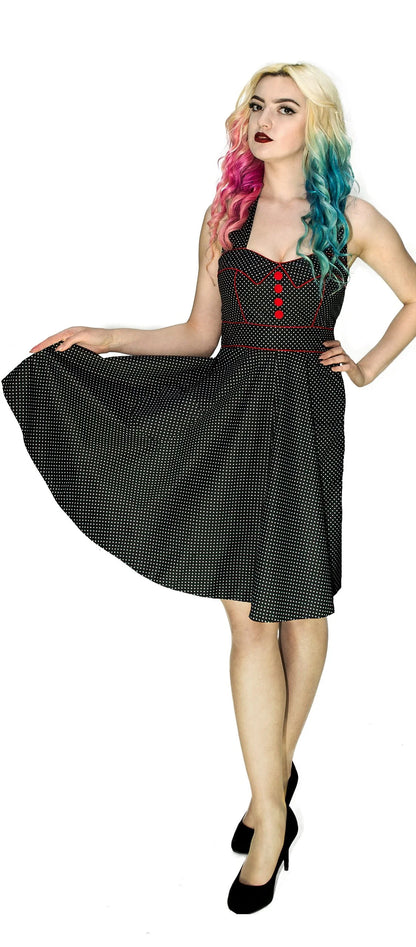 White Polka Dot Space Black Rockabilly Midi Dress - Sophie - Dr Faust