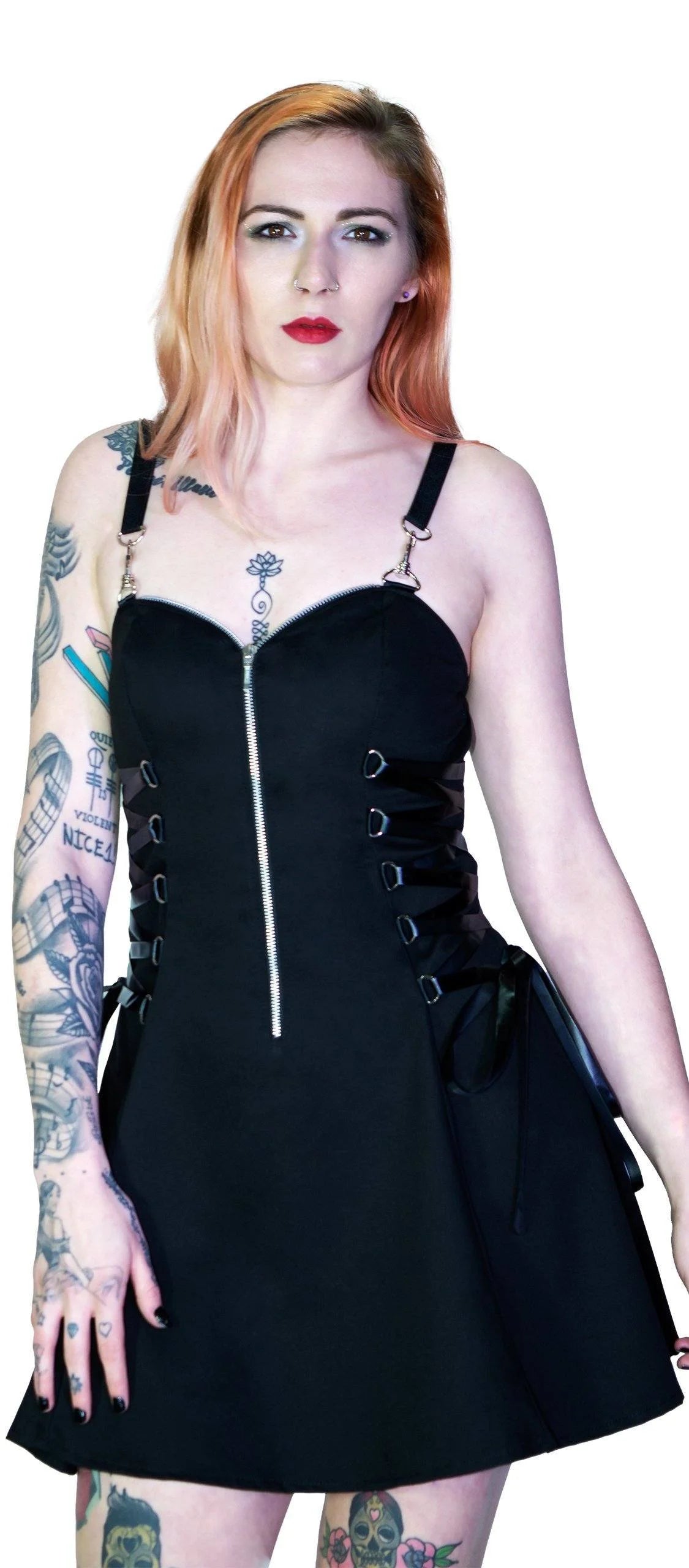 Zip Up Front D-Ring Black Mini Dress - Nylah - Dr Faust