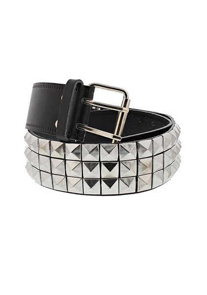 3-Row Silver Pyramid Black Leather Belt - Kameron - Dr Faust