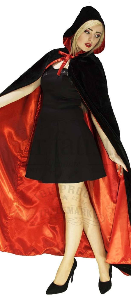 Black Velvet and Red Silk Reversible Hooded Cape - Lola - Dr Faust