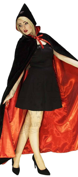 Red Silk and Black Velvet Reversible Pointed Hooded Cape - Juliana - Dr Faust