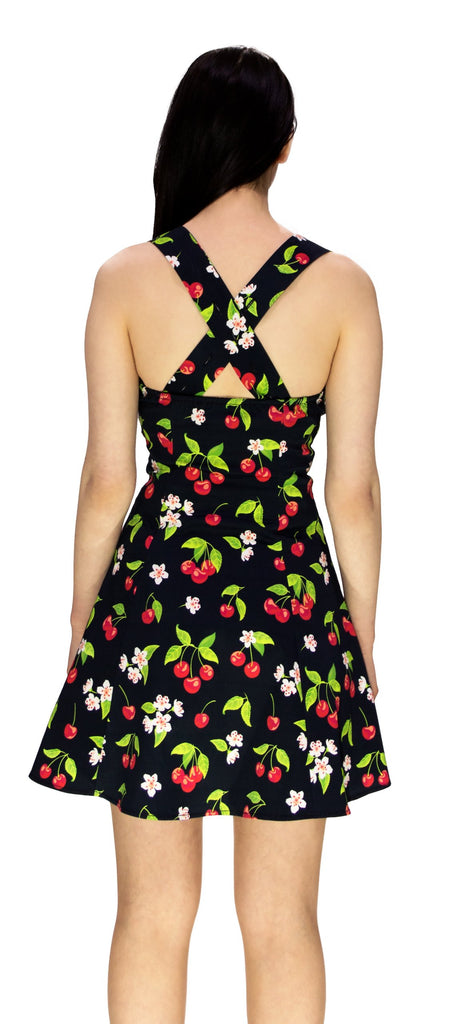 Cherry and Flowers Black Mini Dress - Kaitlyn - Dr Faust