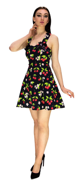 Cherry and Flowers Black Mini Dress - Kaitlyn - Dr Faust