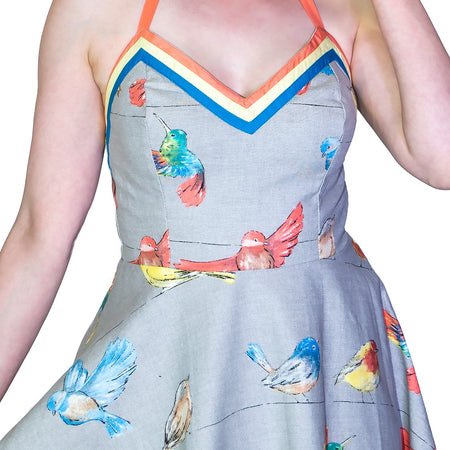 Colourful Birds Retro Grey Mini Dress - Avah - Dr Faust