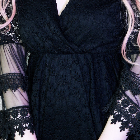 Crochet Detail Black Playsuit Dress - Hallie - Dr Faust
