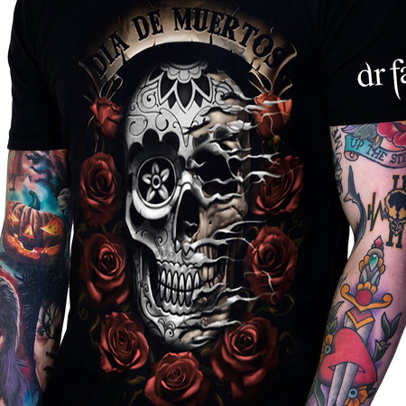 Dia De Muertos Roses Black T-Shirt - Lucca - Dr Faust