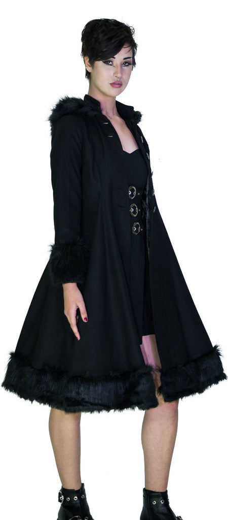 Faux Fur Hooded Black Wool Coat - Glinda - Dr Faust