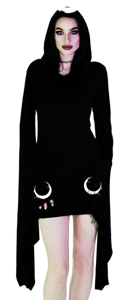 Dripping Crescent Moons Hooded Black Mini Dress - Meadow - Dr Faust