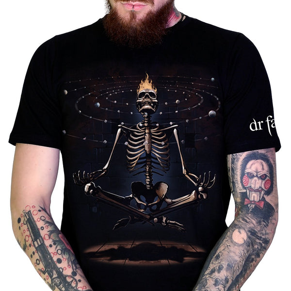 Flaming Yoga Skeleton Meditating Black T-Shirt - Lionel - Dr Faust