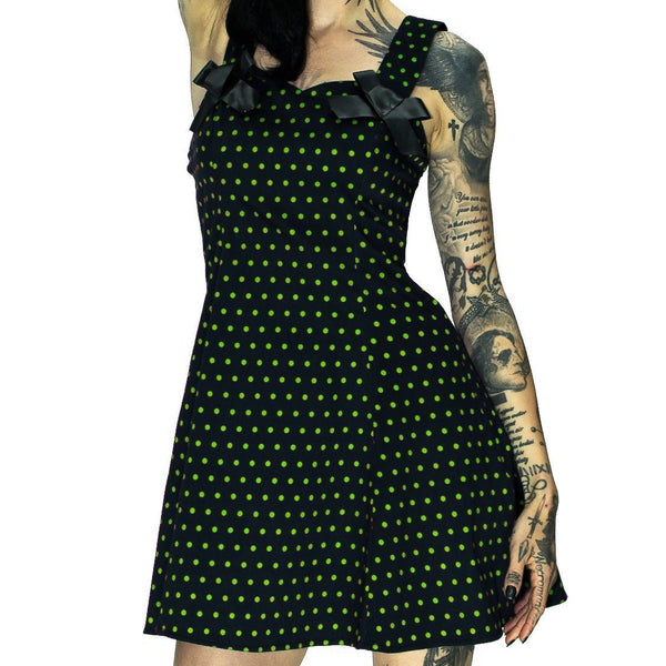 Green Polka Dots Black Mini Dress - Ava - Dr Faust