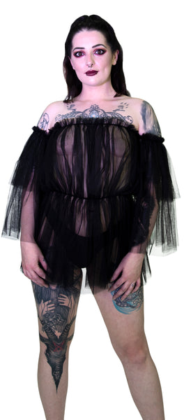 Lace Bardot Black Sheer Mini Dress - Wilhelmina - Dr Faust